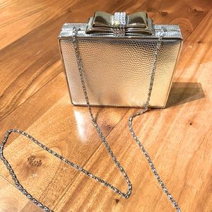 Silver evening bag w/ribbon & rhinestone detail